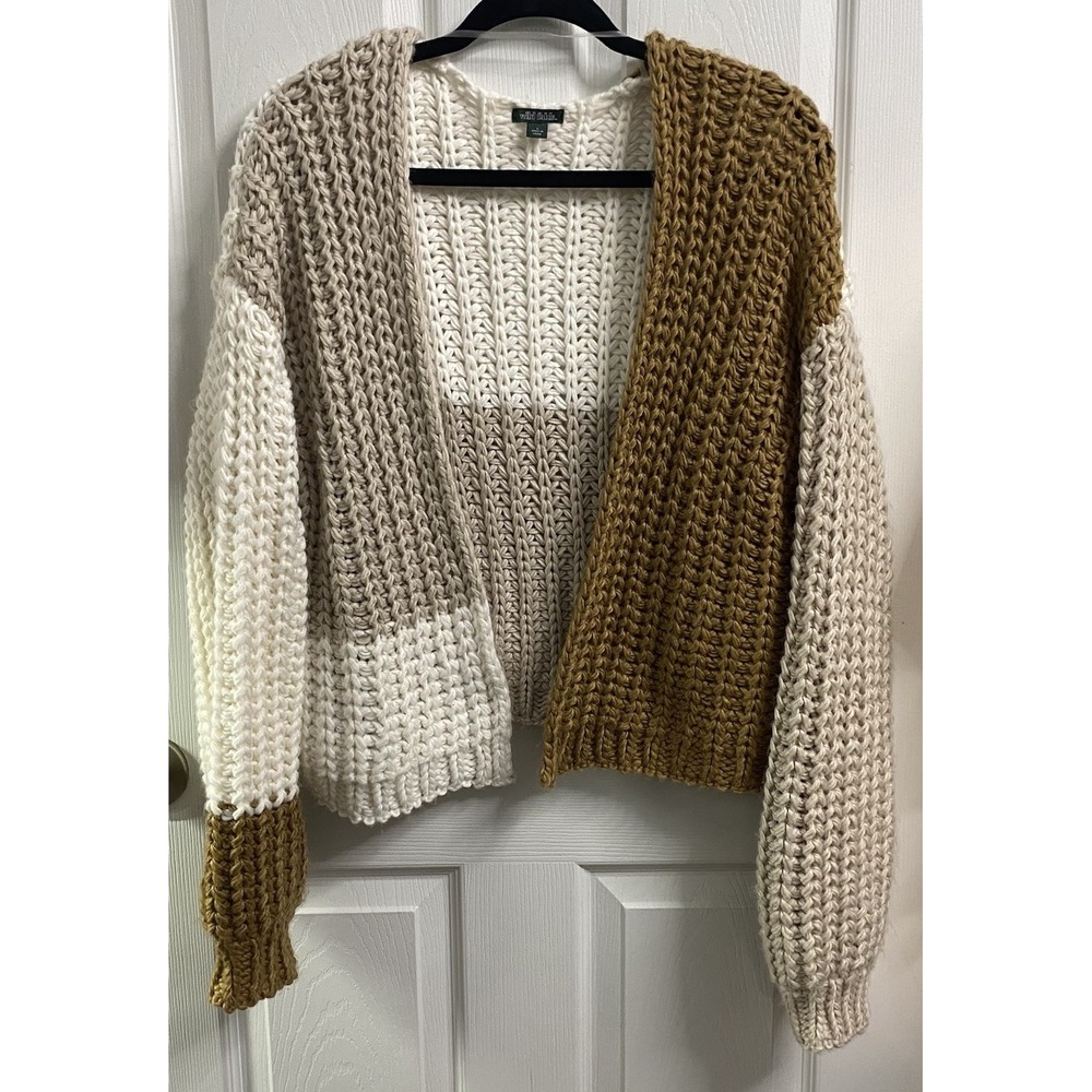 Wild Fable Women Chunky Knit Cardigan Sweater ColorBlock Tan Cream Brown S